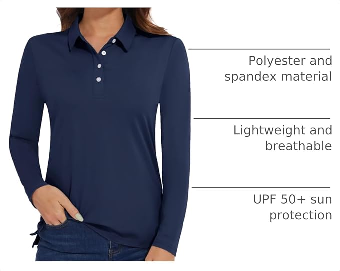 MAGCOMSEN Long Sleeve Polo Shirts for Women Golf Tops with Collar Work | UPF 50+ Sun Protection, 4 Buttons, Moisture Wicking, Breathable, 4-Way Stretch, Collared, Quick Dry, Active, Casual, Tennis