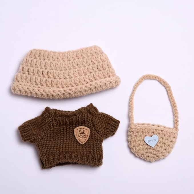 17cm Doll Clothes Set (Doll Not Included) -3-Piece-Handmade -Hat Clothes BackpackCrochet Outfit, ChicStylish Adorable Dolls Clothes Accessories [Brown]