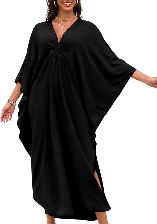 ChiaoLezhee Print Moo-Moos for Women, Kaftan Cover-Up Dresses, Sexy V-Neck High-Slit, Beach Pool-Party Coverups Muumuu Plus
