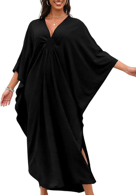 ChiaoLezhee Print Moo-Moos for Women, Kaftan Cover-Up Dresses, Sexy V-Neck High-Slit, Beach Pool-Party Coverups Muumuu Plus