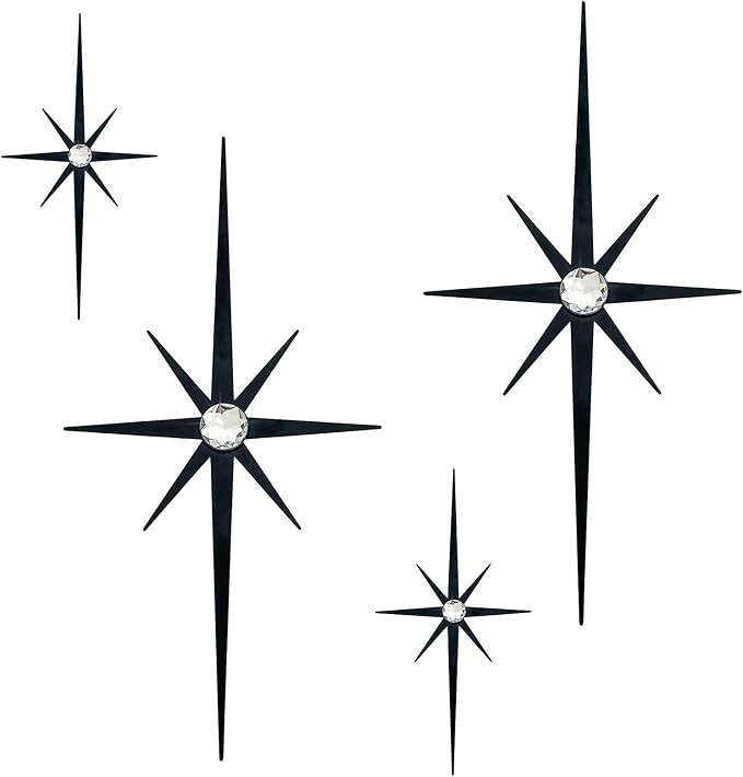 4 Pcs Star Wall Art for Home Decor Living Room Bedroom Office Metal 3D,Bling,with Hanging Hook Starburst Midcentury Sculpture Retro Gallery Accent Celestial -Black 16.5in/9.4in
