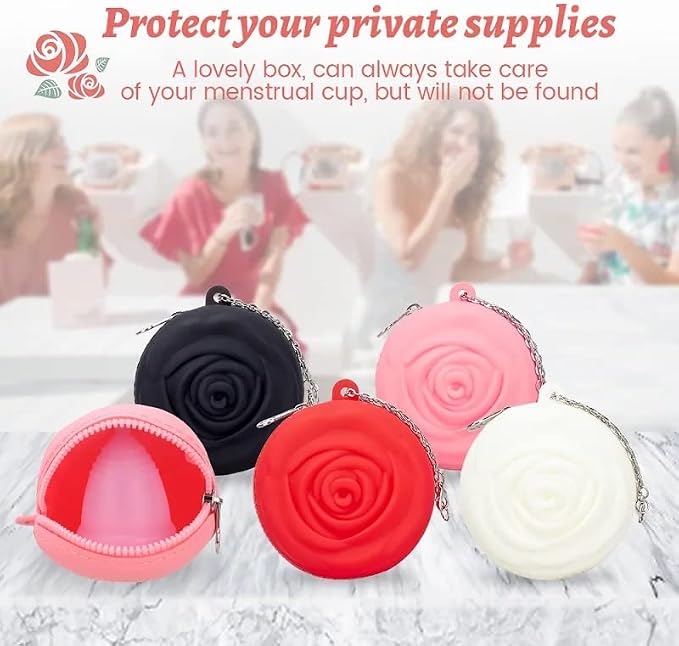 Adorable Pink Peri - Menstrual Period Cup Case Storage Bag | Rose Design + Silicon Material | Easy to carry, clean, and use | Metal Chain attached | Multi-use for any small items (White)
