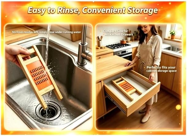 Korean Carrot Grater, Wooden Vegetable Grater with Hand Guard, 4mm Stainless Steel Shredder for Cabbage, Onion, Cheese, Heavy Duty Kitchen Tool (11.0" × 3.7")