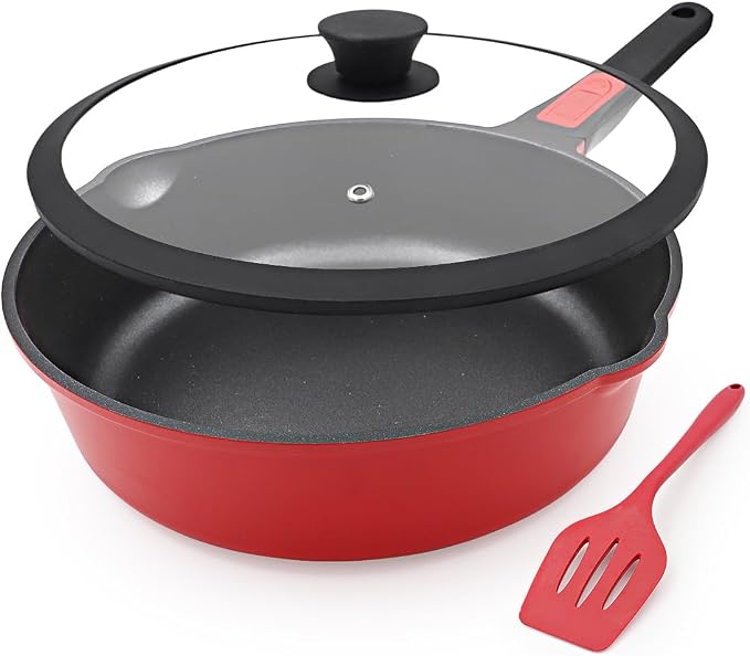 12 Inch Deep Frying Pan with Lid, Large Nonstick Skillet, 5 Qt Saute Pan with Detachable Handle, Compatible with All Stoves, Induction Ready, Oven Safe, PFOA Free, Red