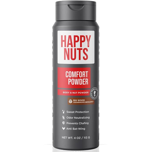 HAPPY NUTS Comfort Powder - Anti Chafing & Deodorant, Aluminum-Free, Sweat and Odor Control for Jock Itch, Groin and Men's Private 4 Oz (4 Ounce (Pack of 1), Big Wood)