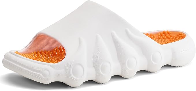 Plantar Fasciitis Relief Foot Massager for Plantar Fasciitis Shoes Women Acupressure Massage Slippers Reflexology Sandals Relaxation Gifts for Mom Dad Parents (White Orange,women5-5.5/men 4-4.5)