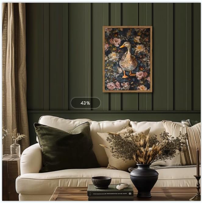 Vintage Mallard Duck Wall Art, Whimsical Dark Cottagecore Duck Wall Decor Painting Moody Animal and Botanical Poster Canvas Print for Living Room Bedroom 12x16 inch Wood Framed