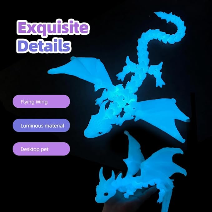 3D Printed Dragon with Wings,3D Printed Animals Toys, Fidget Dragon Toys, Flexible Articulated Winged Crystal Dragon Model,Desktop Pet Deco (Luminous-Blue)