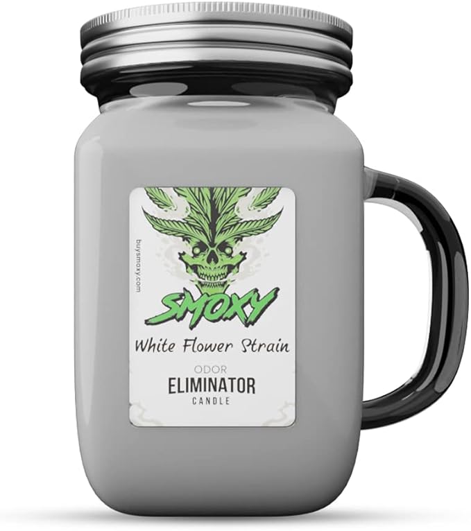 Smoxy Smoke Odor Eliminator Candle - Scented Candle for Home - Indoor Space Deodorizer & Air Freshener with Fragrance Pet Smell - Natural Palm Wax - Glass Mason Jar, 13oz. (White Flower)