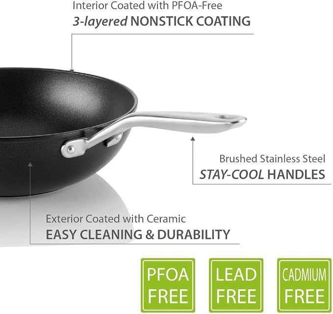 TECHEF - Onyx Collection, 12" Nonstick Flat Bottom Wok/Stir-Fry Pan with Glass Lid, PFOA Free, Dishwasher and Oven Safe, Made in Korea