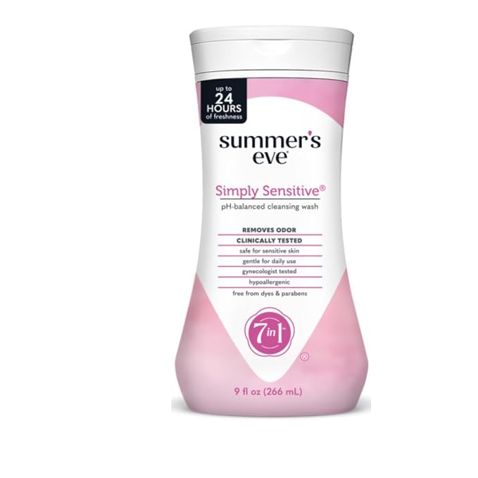 Summer's Eve Simply Sensitive Feminine Cleansing Wash, Sensitive Skin Daily Intimate Wash, Removes Odor, pH Balanced, Hypoallergenic, 9 Ounce (Pack of 1)
