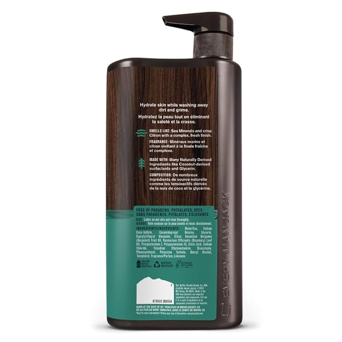 Every Man Jack Men’s Hydrating Body Wash for All Skin Types - Cleanse and Hydrate Skin with Naturally Derived Marine Extracts, Coconut Oil, and a Sea Minerals + Citron Scent - 33.8 fl. oz. - 2 Bottle