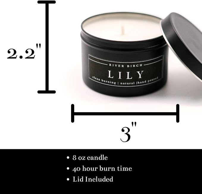 River Birch Candles Lily Scented Candle | Premium, All-Natural, Non-Toxic, Soy Candles | 8 oz. Black Matte Tin Travel Candle | Cozy Relaxing Gifts for Home