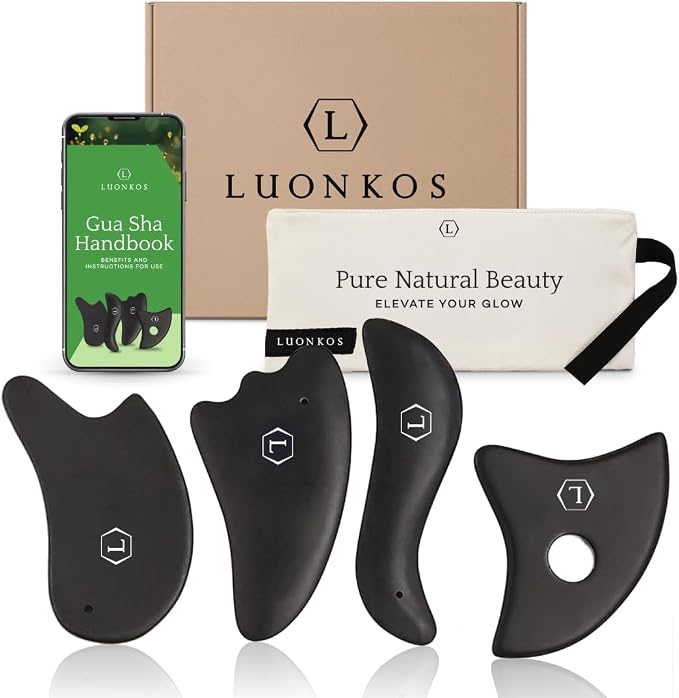 LUONKOS Gua Sha Facial Tools - Set of 4 Black - Large Bian Stone Guasha Tool for Face Sculpting - Lymphatic Drainage Massager with Polished Edges Glide Effortlessly for Daily Skincare Routine