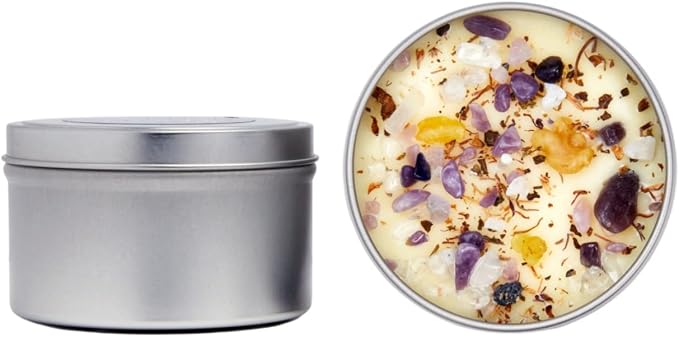 Crown Chakra Candle by New Moon Beginnings - Chakra Candles - Dried Flower, Herb, & Crystal Candles - Aromatherapy Candles - Soy Candle - 8oz Tin