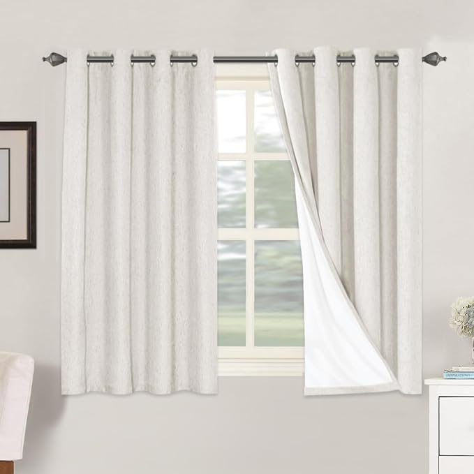 H.VERSAILTEX Primitive Linen Curtains 100% Blackout Curtain Drapes Burlap Fabric Curtains with White Thermal Insulated Liner, Grommet Top Drapes Living Room/Bedroom (2 Panels, 52 x 54 Inch, Ivory)