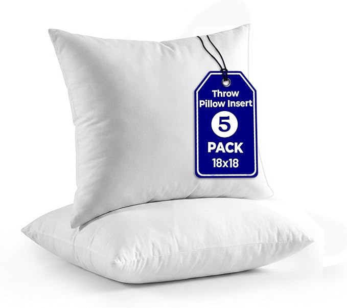 QUBA LINEN Throw Pillow Inserts (Set of 5, White), 18x18 Inches - Premium Cushion Fillers for Sofa, Bed, and Home Décor (18x18 Inch (Pack of 5))