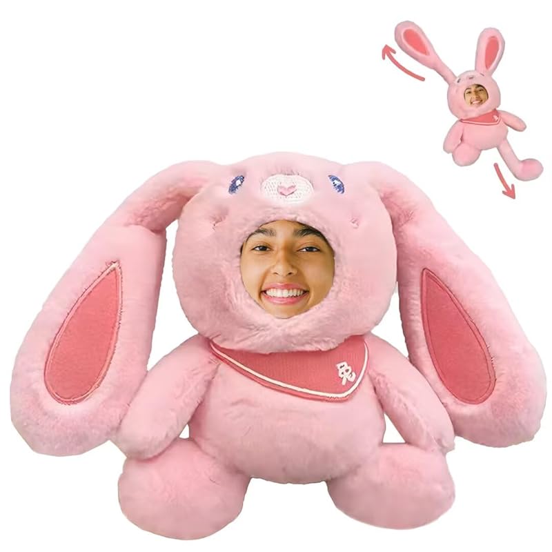 Personalized Easter Bunny Stuffed Animal Key Chain – Customizable Pink Rabbit Plush Toy, a stretchable rabbit (5-10 inches), Gift with Your Child's Face Photo!