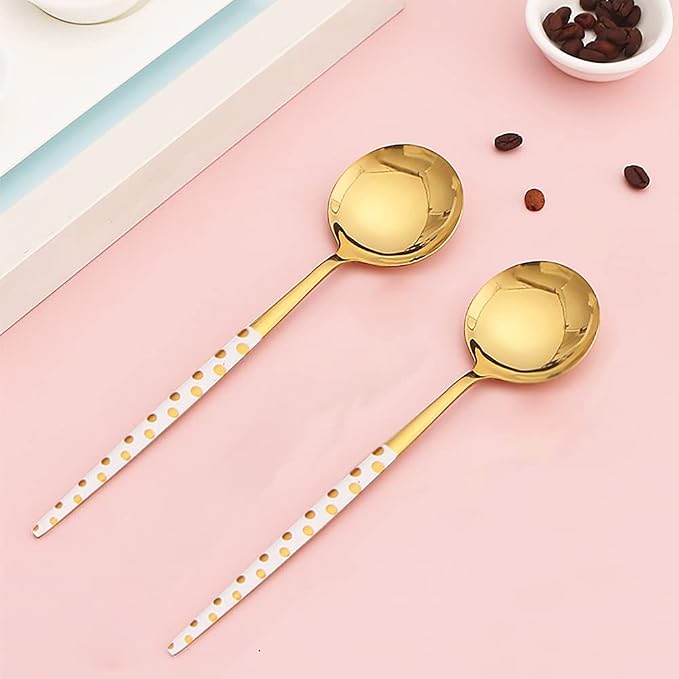 Stainless Steel Soup Spoon,Korean Dessert Spoons,Polka Dot Mixed Color Spoon for Home, Kitchen or Restaurant, Set of 4 Colour Polka Dot Soup Spoons, 8 Inches.