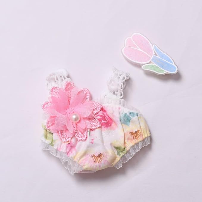 Designer Clothes Set for 17cm Dolls, Labooboo Doll Swimsuit, Doll Summer Outfits Accessories with Pink Floral One-Piece Swimsuit, Flower Hair Decor and Straw Hat