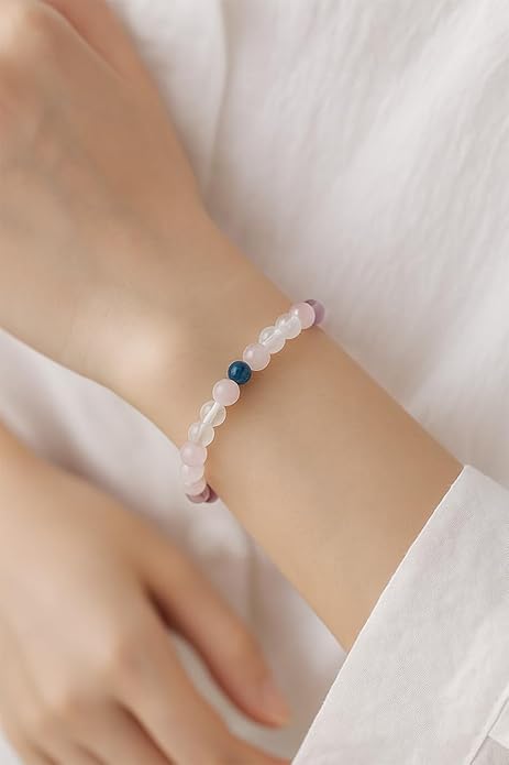 8mm Natural Gemstone Beaded Bracelet for Women, Dainty Round Crystal Stretch Bracelets, Spiritual Healing & Calming Stone Jewelry Gift
