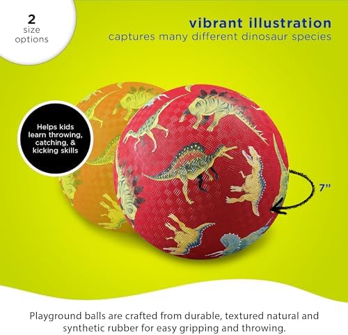 Crocodile Creek Playground Ball - Durable Rubber for Kids Ages 3 and Up - Bouncy Inflatable for Kickball, Indoor Games, and Outdoor Sports - PVC-Free - Dinosaurs - Red - 7-inch Diameter