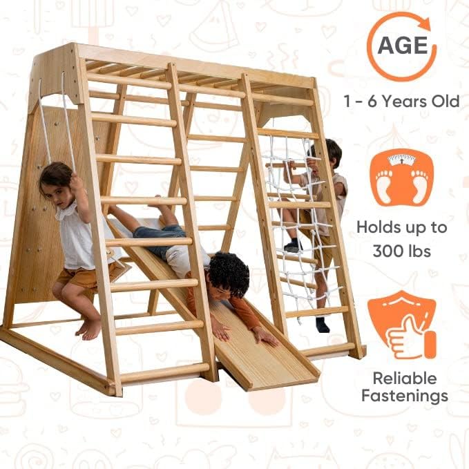 Avenlur Magnolia Indoor Playground 7-in-1 Jungle Gym Playset for Kids 2-6yrs - Slide, Climbing Wall, Rope Wall Climber, Monkey Bars, Swing - Waldorf and Montessori Style Wooden Climb Set.