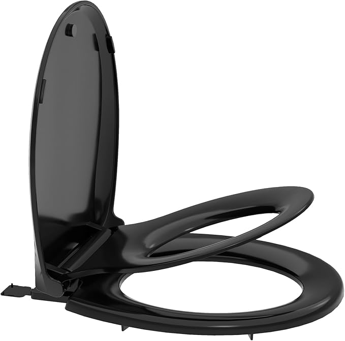 17" Round Black Toilet Seat with Built-In Potty Training Seat, Soft Quiet-Close Non-Slip Design for Adult and Child, Magnetic Kids Seat and Cover, Easy to Install and Clean for Round Toilets