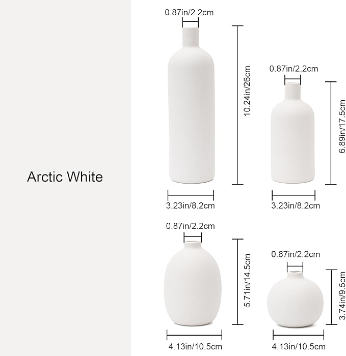White Ceramic Vase Set of 4, Modern Minimalist Colors Home Decor, Decorative Flowers Vases for Bouquet, Pampas | Table Mantel Centerpiece Bookshelf Living Room Bedroom (White Set of 4)