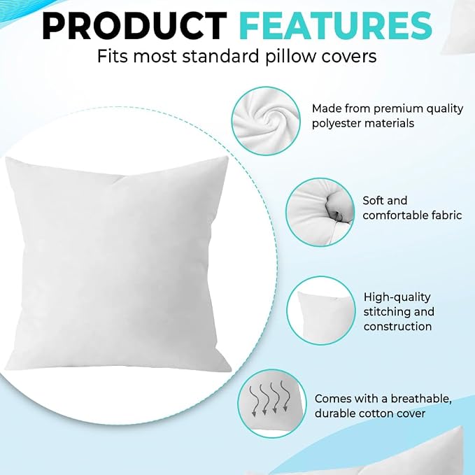 QUBA LINEN 12 x 20 Throw Pillow Insert - Pack of 2 White, Down Alternative Pillow Inserts for Decorative Pillow Covers, Throw Pillows for Bed, Couch Pillows for Living Room (12x20 Inch (Pack of 2))