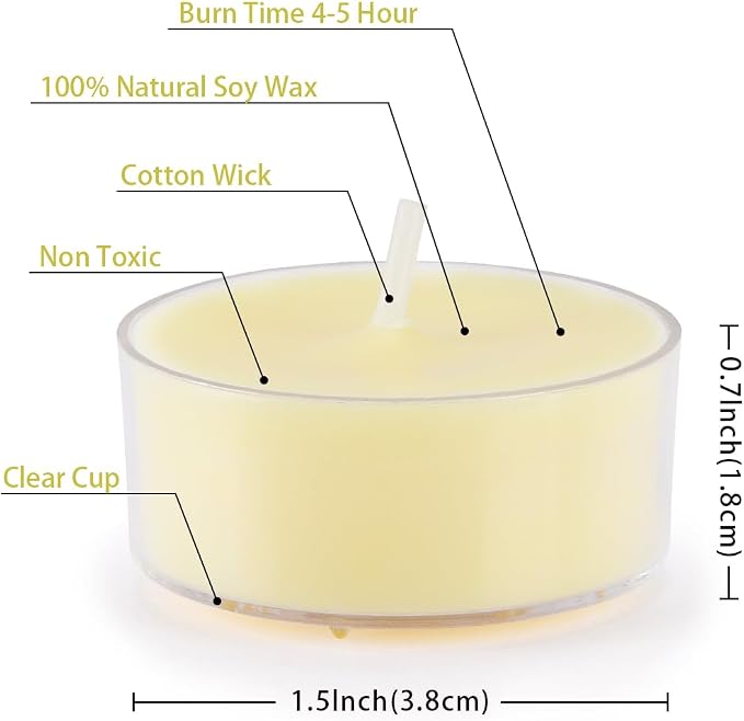 Natural Citronella Tea Light Candles, Tiny Soy Wax Aromatherapy Citronella Tealights Set of 12-4 Hours Burning - Great Gift for Summer Outdoors Home Garden Patio Balcony