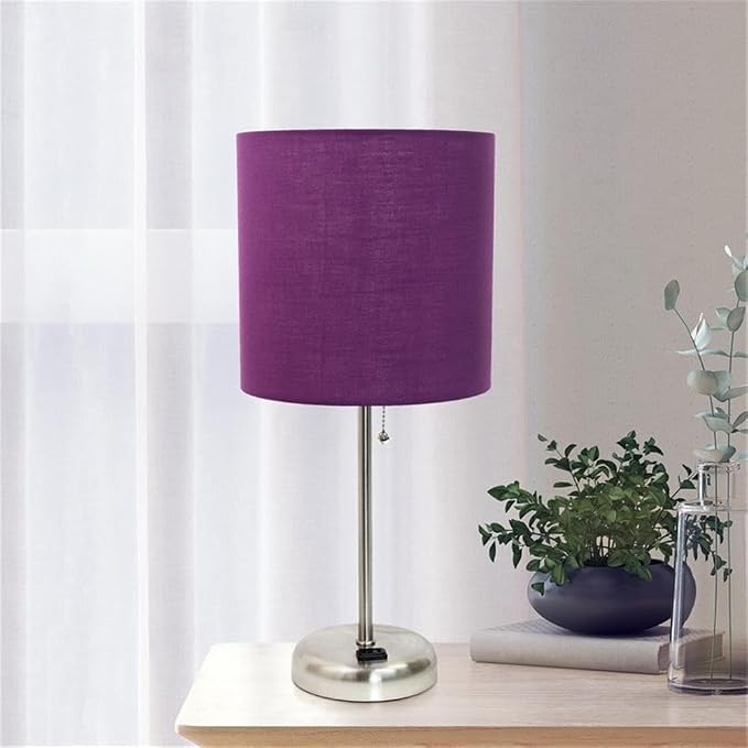 Oslo 19.5" Contemporary Bedside Power Outlet Base Standard Metal Table Desk Lamp in Brushed Steel with Purple Drum Fabric Shade