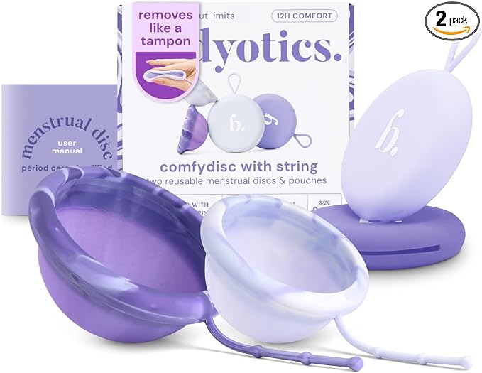 Bodyotics Reusable Menstrual Disc - 2 Pack (S & L), Purple | Leak-Proof Alternative to Cups, Tampons & Pads for Light or Heavy Flow; Body-Safe Silicone with 12 Hour Wear