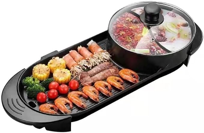 27″ Hot pot with Grill,Electric BBQ Grill 2200W Non-Stick Korean Barbecue Grill for 2-12 People,Independent Dual Temperature Control(110V)