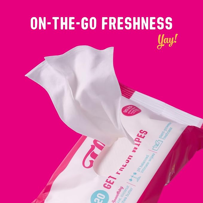 Flo - Get Fresh Wipes (20 Count, Pack of 12) pH Balanced Feminine Wipes - Super Soft, Soothing Aloe Vera, Coconut, Shea Butter - Sensitive Skin Friendly - Made with Plant Cellulose - Vegan Friendly