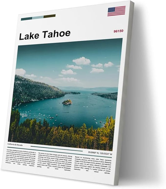 Poster Lake Tahoe Wall Art Original Design(24"x16" Metal Frame) Emerald Bay California Nevada Landscape Print Sierra Nevada Mountains Nature Scenery Alpine Lake View Travel Photography Picture