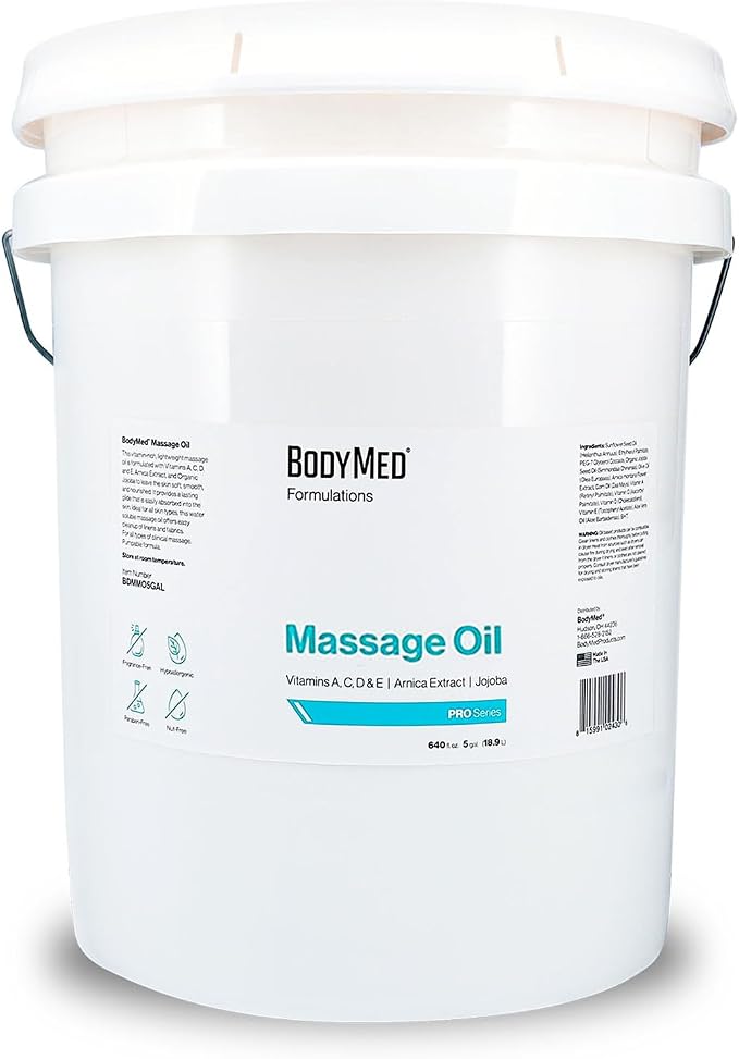 BodyMed Formulations Massage Oil, 5 gal. – Fragrance-Free, All-Natural Oil for Massage Therapy – Leaping Bunny Certified – with Arnica Extract & Jojoba – Non-Staining, & Paraben Free