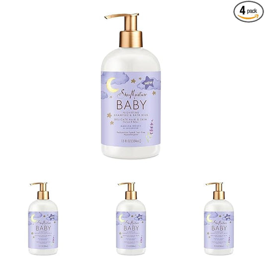 Shea Moisture Baby Shampoo & Bath Milk Manuka Honey & Lavender for Delicate Hair and Skin Nighttime Skin and Hair Care Regimen 13 oz (Pack of 4)