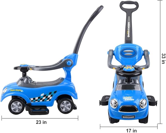 ChromeWheels 3 in 1 Ride on Push Car for Toddlers with Removable Handle/Guardrails/Pedal, Horn, Music, Under Seat Storage (Blue)