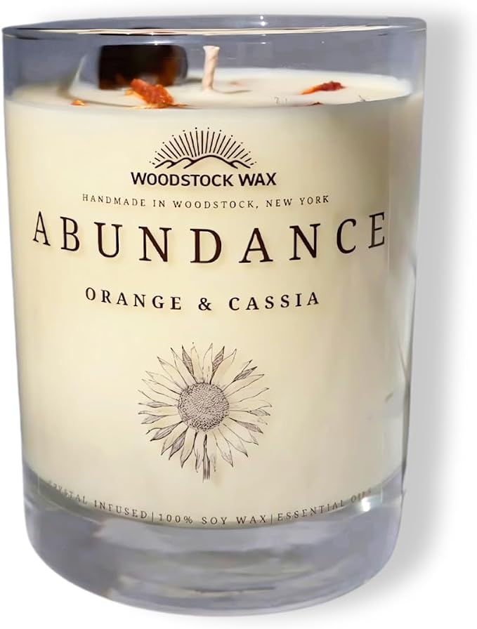 Candlestock Abundance Soy Wax Candle, Sweet Orange & Cassia Essential Oils, Tiger's Eye & Orang Peel Topped, Handmade in NY