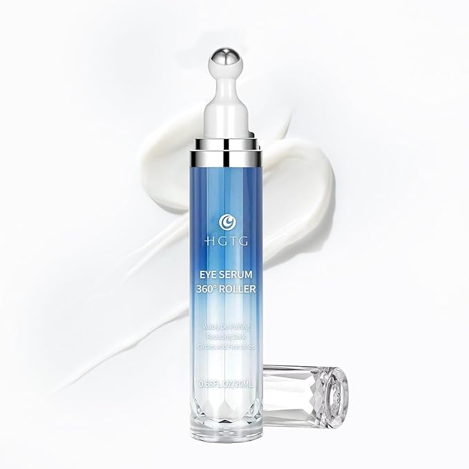 5% Caffeine Eye Serum with 360° Metal Roller, Under Eyes Cream for Dark Circles, EyeBags & Puffiness, Cooling Treatment for Women, 0.67 fl oz / 20 mL