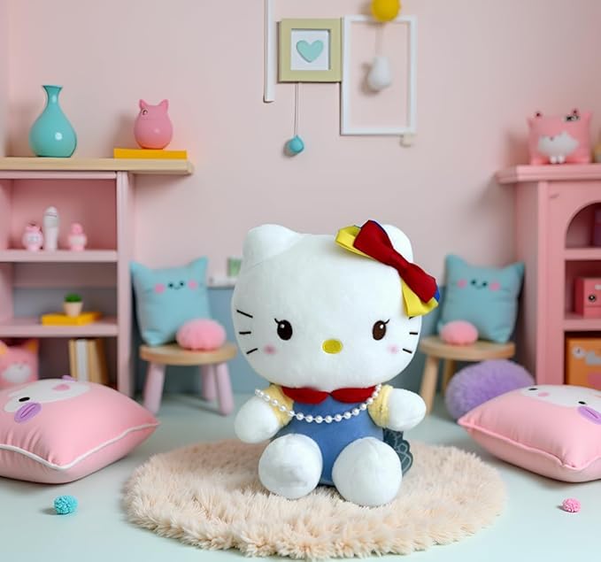AlphaDesignLuxe Kitty Plush 10” Collectible Kitty Plushie Cute Stuffed Animal Toy Adorable Kawaii Doll (Pearls Classic)