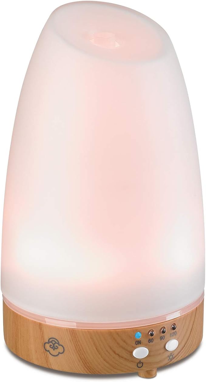 Serene House Ultrasonic Astro Aromatherapy Essential Oil Cool Mist Diffuser – 7-Color Calming Light Display with Timer Control, Automatic Shut-Off (White Cover/Light Wood Base, 90ml)
