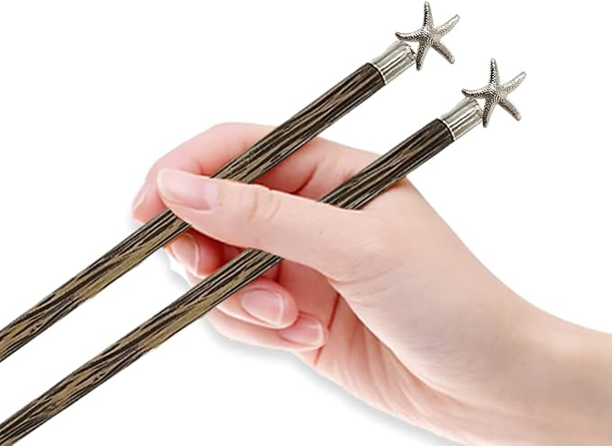 Wooden Chopsticks 9⅞" Coconut Palm Wood Chopstick With Metal Starfish Top Eating Utensils Oriental Cutlery Asian Tableware Decorative Dinnerware to Serve Chinese Japanese Korean Food
