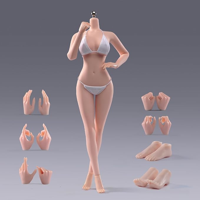 1/6 Scale Female Action Figure Body, 12 inches Seamless Flexible Action Figure Body Model with Detachable 5 Pairs Hand Gesture Shapes (Pale Skin)