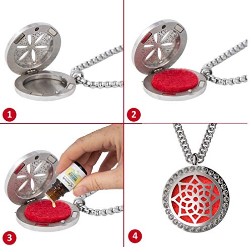 Wild Essentials Cubic Zirconia Flower Essential Oil Diffuser Necklace, Stainless Steel Locket Pendant with 24 inch Chain, 12 Color Refill Pads, Customizable Color Changing Perfume Jewelry Aromatherapy