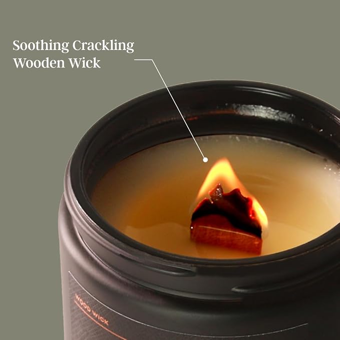 Teakwood Noir Crackling Wood Wick Candle, Mahogany Intense Masculine Scent, Luxury Black Jar Soy Candle with Crackle Wooden Wick