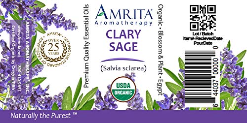 Amrita Aromatherapy Organic Clary Sage Essential Oil, 100% Pure Undiluted Salvia sclarea, Therapeutic Grade, Premium Quality Aromatherapy oil, Tested & Verified, 5ML