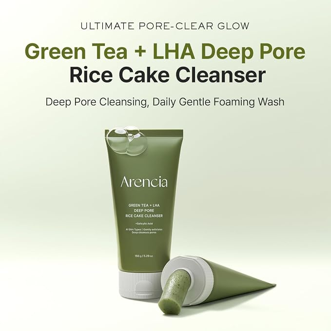 ARENCIA Salicylic Acid, Green Tea + LHA Deep Pore Rice Cake Cleanser – Deep Pore Cleansing for All Skin Types, Korean Face Wash, 150ml / 5.07 fl oz