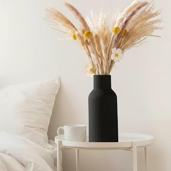 Black Ceramic Tall Vase,Modern Smooth Vertical Ribbed, Nordic Minimalist for Pampas, Dried & Fresh Flowers, Home Decor for Living Room, Coffee Table, Bookshelf, Entryway, Farmhouse